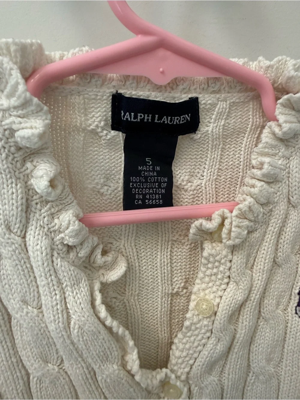 Ralph Lauren Cream Cable-Knit Ruffle V-Neck Sweater with Purple Pony
